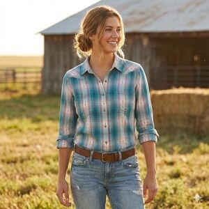 Ariat REAL Women’s Relaxed Plaid Western Shirt L 100% Cotton Teal Pink Button